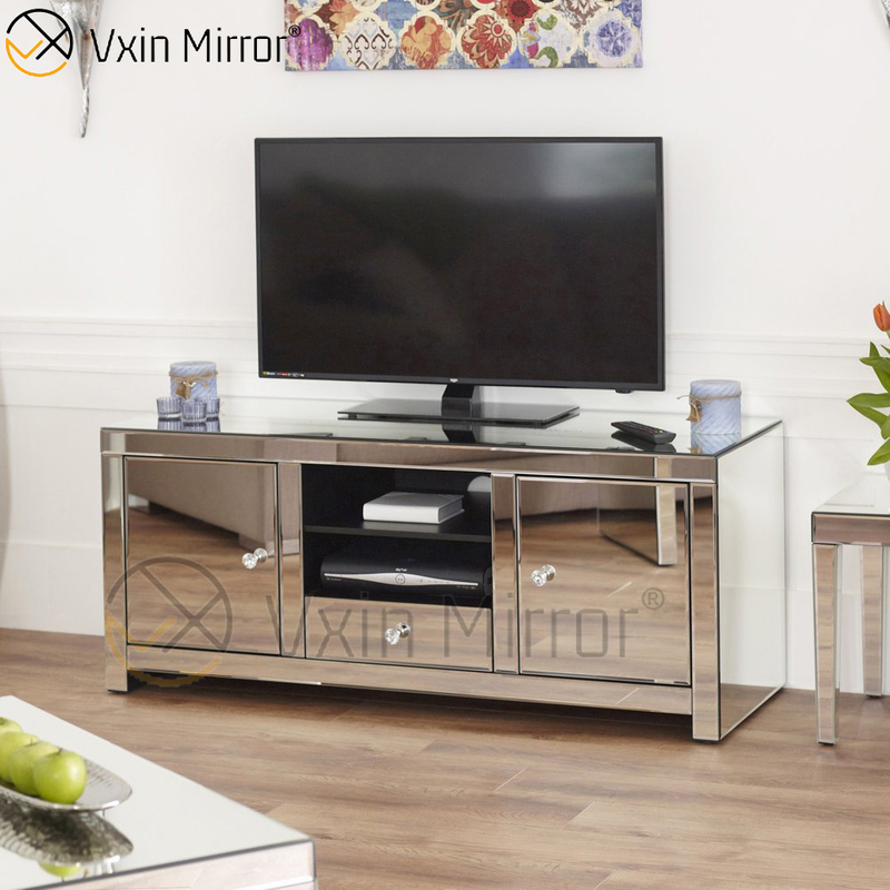 Muebles de vidrio con espejo Gabinete de soporte de TV con espejo moderno