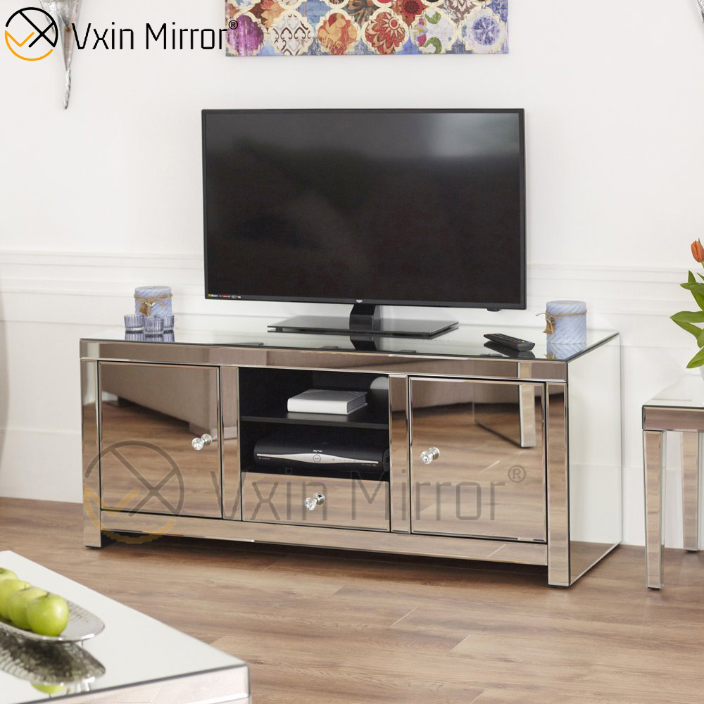 Muebles de vidrio con espejo Gabinete de soporte de TV con espejo moderno