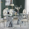 Venta al por mayor, 2021, nuevo diseño, muebles de comedor plateados redondos con diamantes triturados con sillas, mesa de comedor de vidrio templado