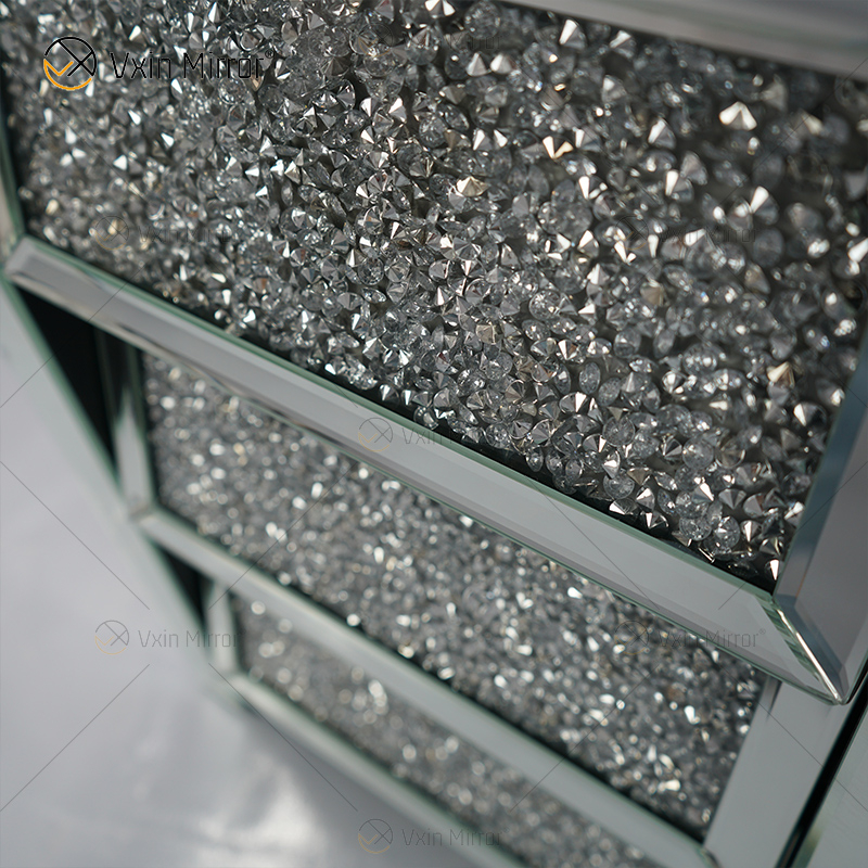Vxin Mirror WXF-116 Mesita de noche de cristal plateado con espejo biselado Mesita de noche con 3 cajones para dormitorio