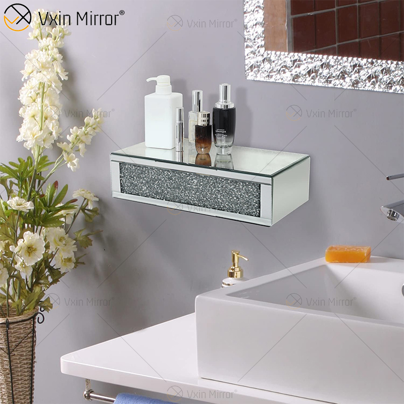 Vxin Factory Supply WXF-153 Decoración de pared plateada Estante de pared rectangular con espejo de diamante triturado plateado