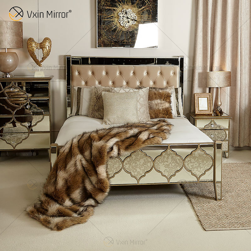 Vxin Antique Furniture WXWF-1088 Cama King Grace Golden Frame Mirrored Super Bed