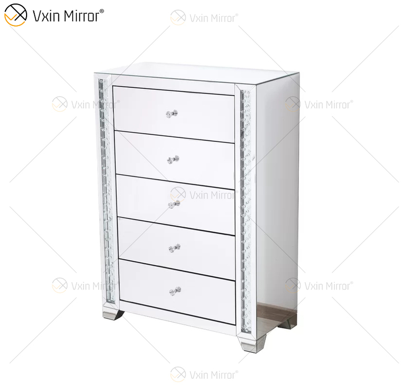 Vxin Crystal Decor WXF-746 Mesita de noche plateada de cristal con cinco cajones para dormitorio