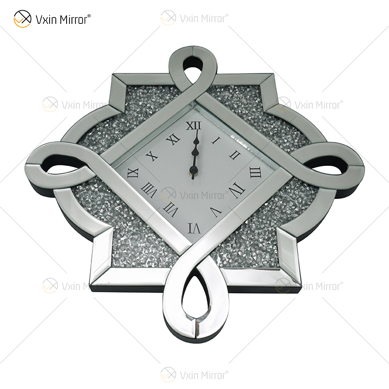 Paquete de prueba Nuevo diseño WXC-083 Reloj de pared con espejo 3D de diamante triturado plateado moderno