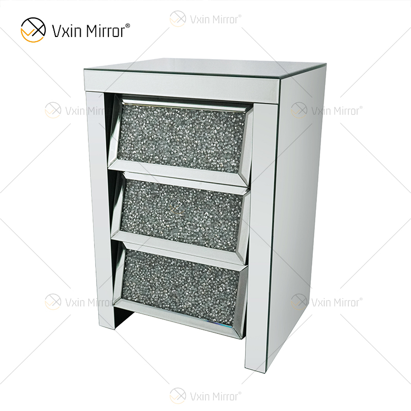 Vxin Mirror WXF-116 Mesita de noche de cristal plateado con espejo biselado Mesita de noche con 3 cajones para dormitorio