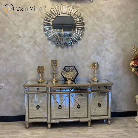 WXF-027-1 Champagne Silver Home Decor Mirored Armario con cajones Muti