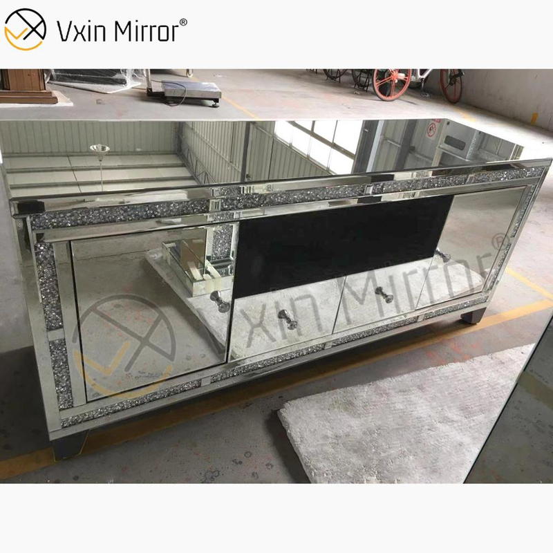 Vxin Espejo Muebles Moderno Diamante Triturado Plata Espejo Chimenea Soportes de TV con 2 Puertas