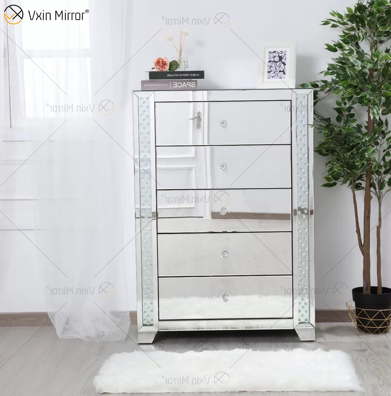 Vxin Crystal Decor WXF-746 Mesita de noche plateada de cristal con cinco cajones para dormitorio
