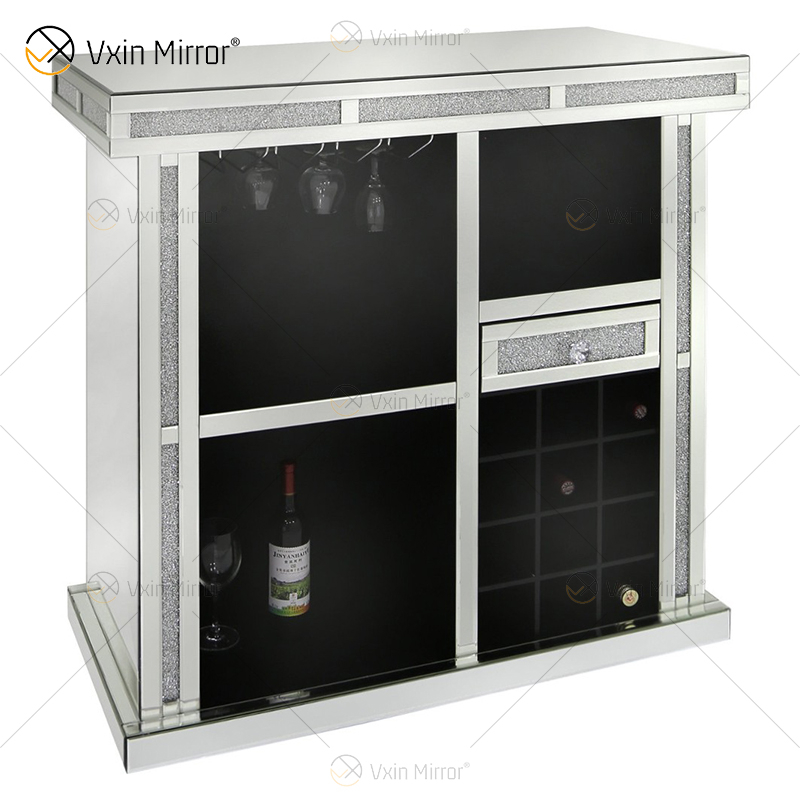 Vxin Home Decor WXF-142 Gabinete de vino alto con espejo de diamante triturado plateado con un cajón