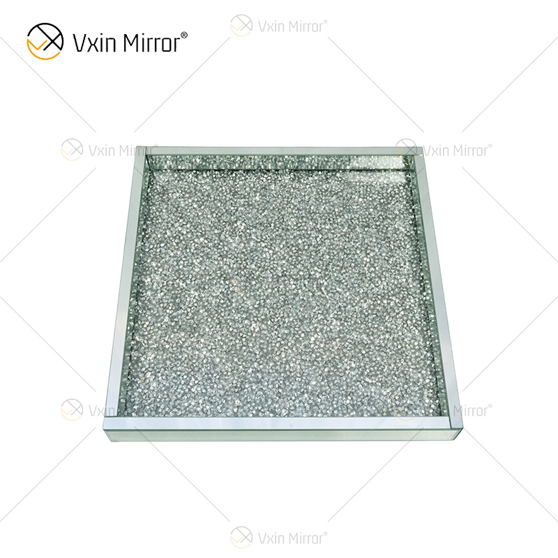 Venta caliente WXMT-019 Modern HomeDecor Bandejas cuadradas de espejo de vidrio de diamante triturado de plata