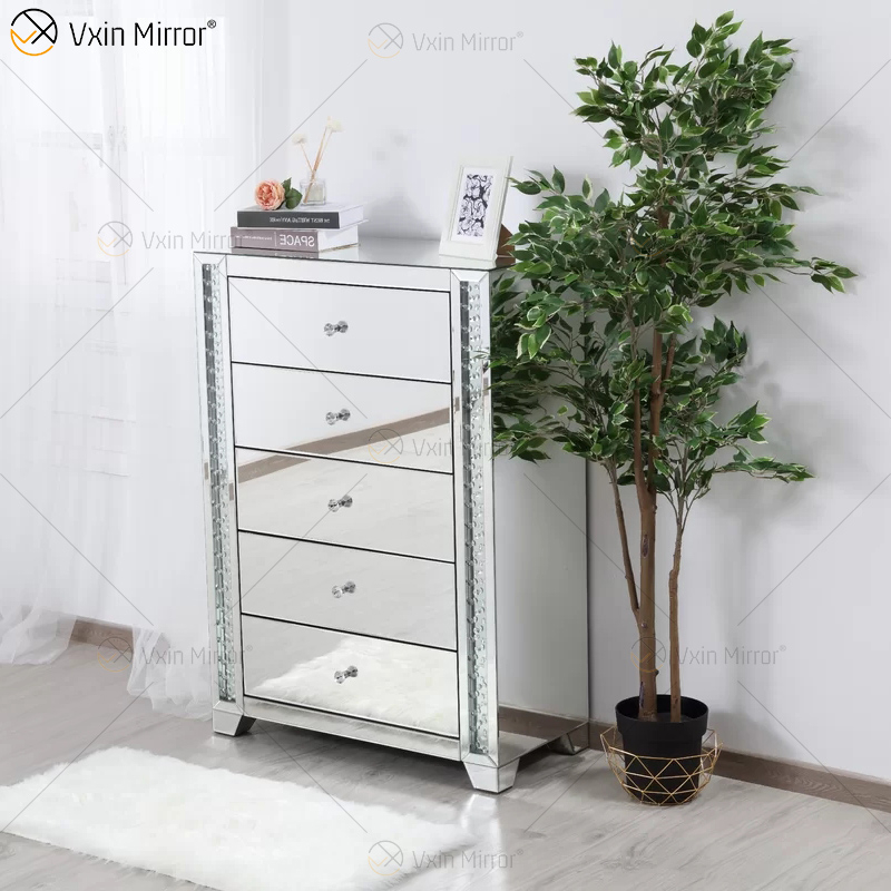 Vxin Crystal Decor WXF-746 Mesita de noche plateada de cristal con cinco cajones para dormitorio