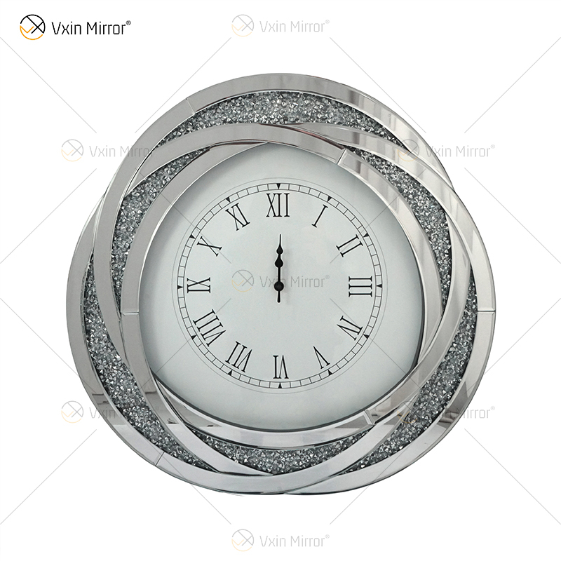 Paquete de prueba WXC-080 Reloj de pared con espejo 3D de diamantes triturados de plata moderna