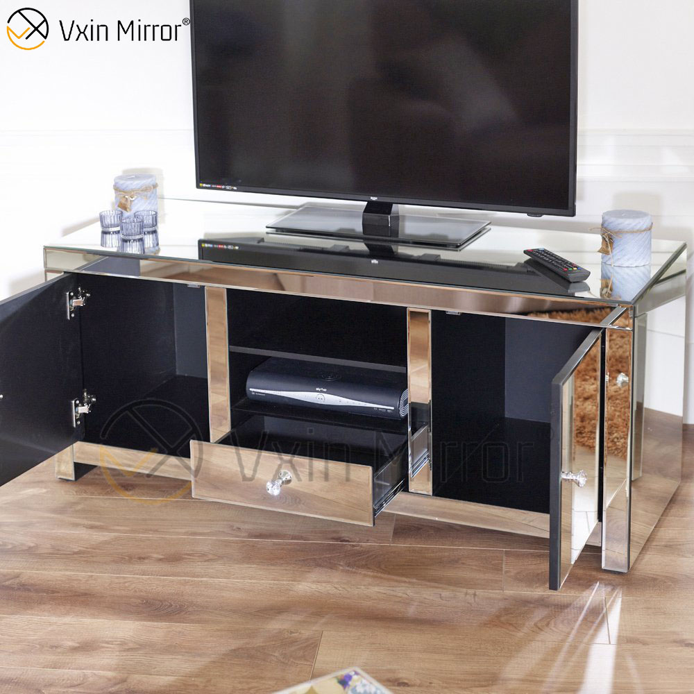 Muebles de vidrio con espejo Gabinete de soporte de TV con espejo moderno