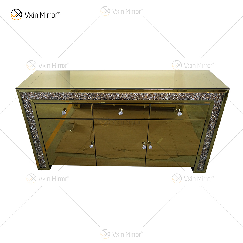 Decoración de lujo WXF-099 Gabinete de armario de diamantes machacados con espejo dorado con cajones Muti