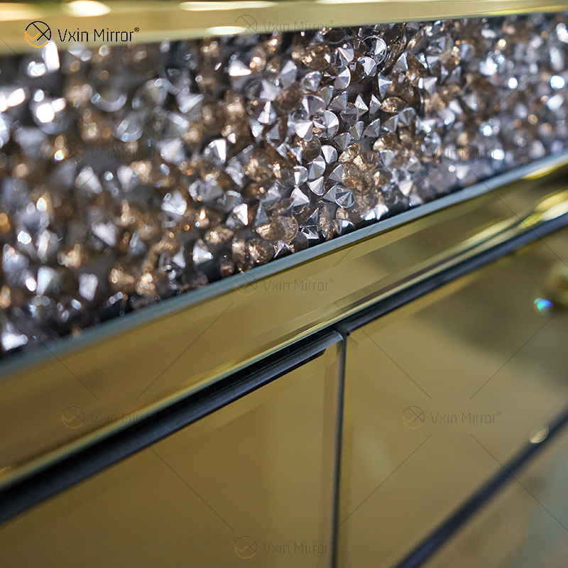 Decoración de lujo WXF-099 Gabinete de armario de diamantes machacados con espejo dorado con cajones Muti