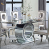 Venta al por mayor, 2021, nuevo diseño, muebles de comedor plateados redondos con diamantes triturados con sillas, mesa de comedor de vidrio templado