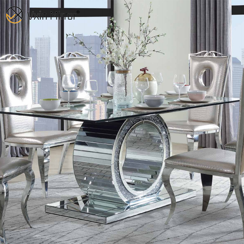 Venta al por mayor, 2021, nuevo diseño, muebles de comedor plateados redondos con diamantes triturados con sillas, mesa de comedor de vidrio templado