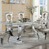 Venta al por mayor, 2021, nuevo diseño, muebles de comedor plateados redondos con diamantes triturados con sillas, mesa de comedor de vidrio templado