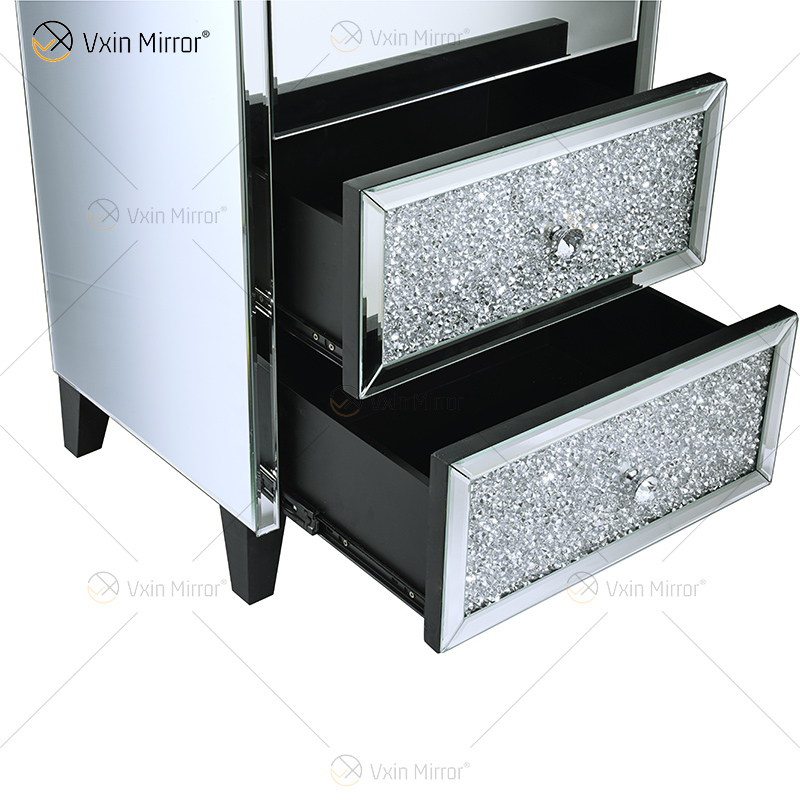 Elegante decoración para el hogar WXF-739 Gabinete de reloj de diamantes triturados con espejo plateado con 2 cajones