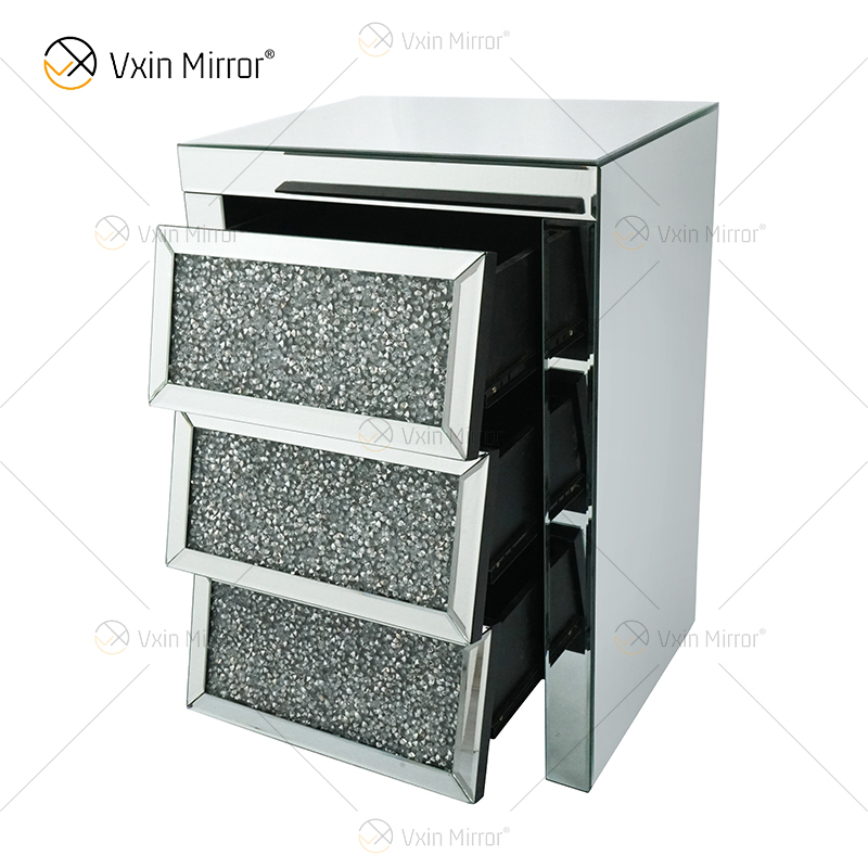 Vxin Mirror WXF-116 Mesita de noche de cristal plateado con espejo biselado Mesita de noche con 3 cajones para dormitorio