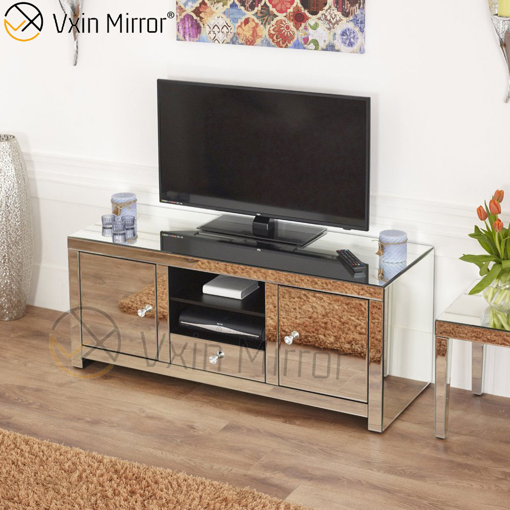 Muebles de vidrio con espejo Gabinete de soporte de TV con espejo moderno