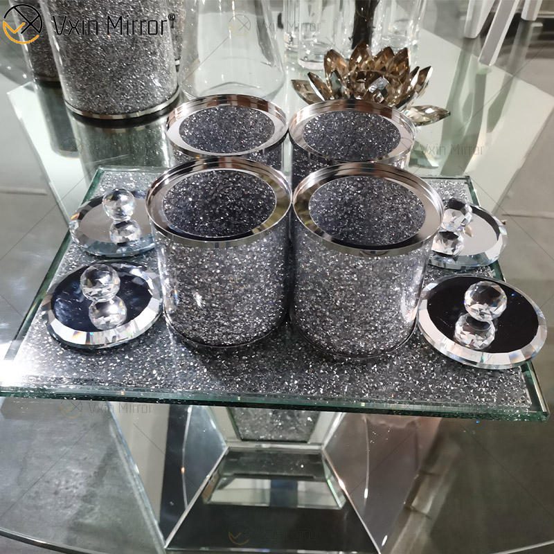 Paquete de calidad superior VX-01 Plata Decoración para el hogar Frascos y botellas de vidrio con espejo acrílico con tapa