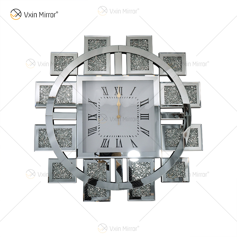 Venta al por mayor WXMC-082 reloj espejado diamante triturado plata decoración de pared elegante reloj de espejo redondo de lujo