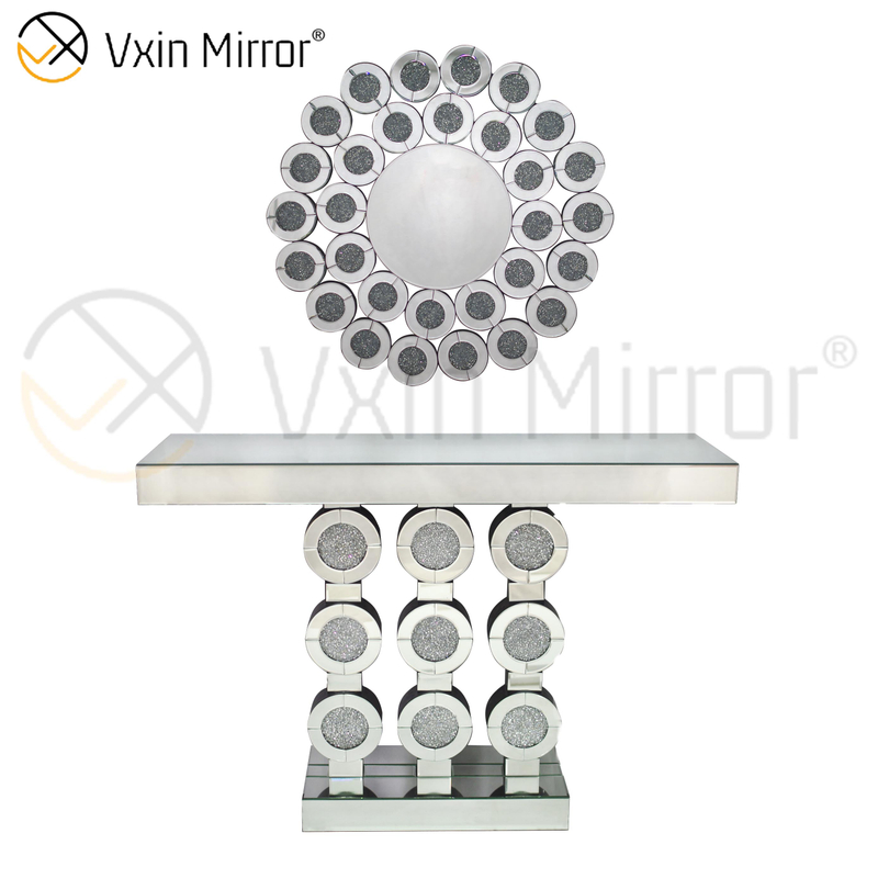 Muebles de espejo de mesa de consola de vidrio de diamante triturado redondo moderno Vxin de bajo precio