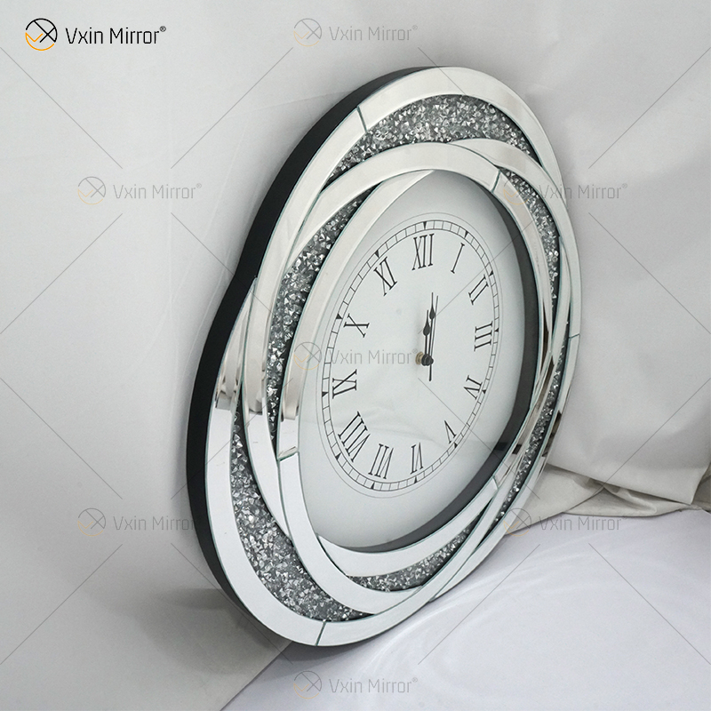 Paquete de prueba WXC-080 Reloj de pared con espejo 3D de diamantes triturados de plata moderna