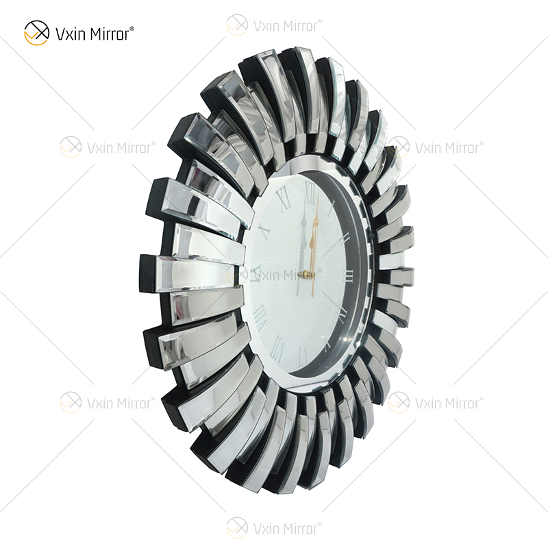 Reloj espejado WXMC-084 Vidrio doblado Decoración de pared plateada Reloj redondo 3D