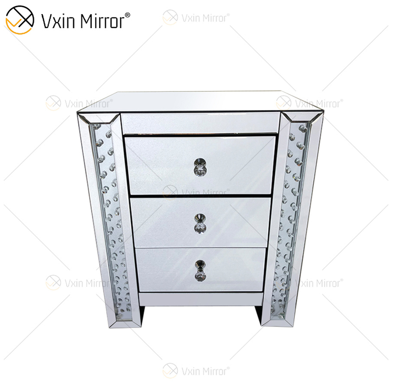 Vxin Crystal Decor WXF-274 Silver Tallboy Crystal Mirror Mesita de noche con 3 cajones Espejo Mesita de noche