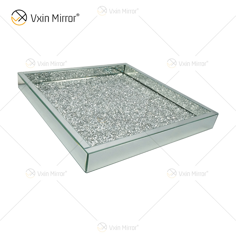 Venta caliente WXMT-019 Modern HomeDecor Bandejas cuadradas de espejo de vidrio de diamante triturado de plata