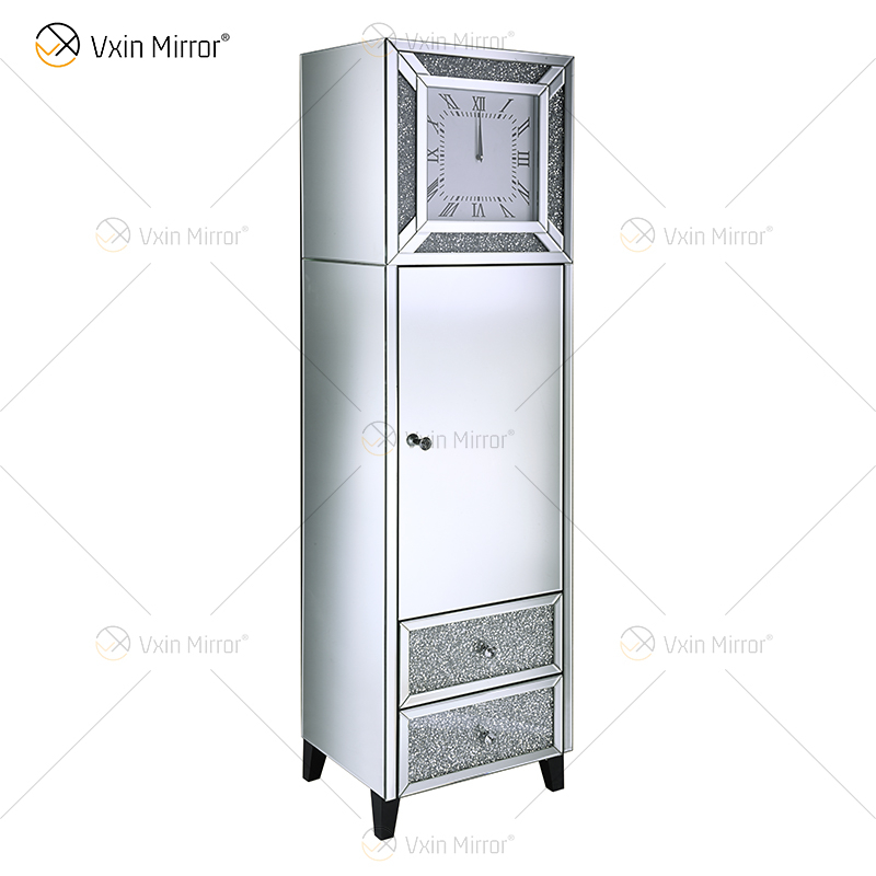 Elegante decoración para el hogar WXF-739 Gabinete de reloj de diamantes triturados con espejo plateado con 2 cajones