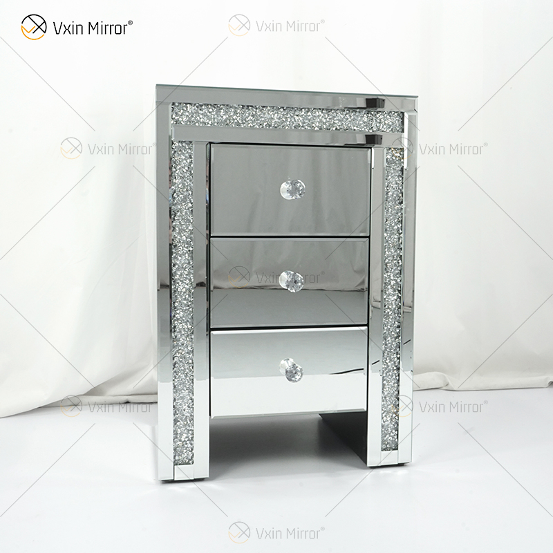 Vxin WXWF-716 Mesita de noche acrílica moderna para el hogar con 3 cajones Mesita de noche con espejo