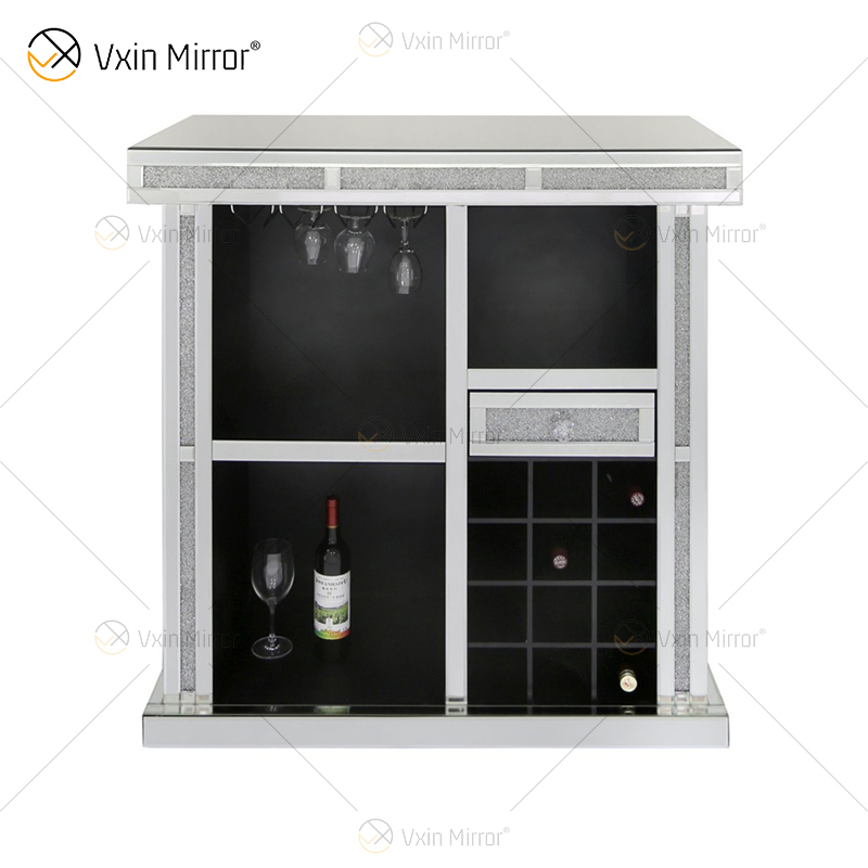 Vxin Home Decor WXF-142 Gabinete de vino alto con espejo de diamante triturado plateado con un cajón