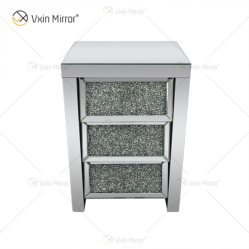 Vxin Mirror WXF-116 Mesita de noche de cristal plateado con espejo biselado Mesita de noche con 3 cajones para dormitorio