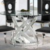 Venta al por mayor, 2021, nuevo diseño, muebles de comedor plateados redondos con diamantes triturados con sillas, mesa de comedor de vidrio templado