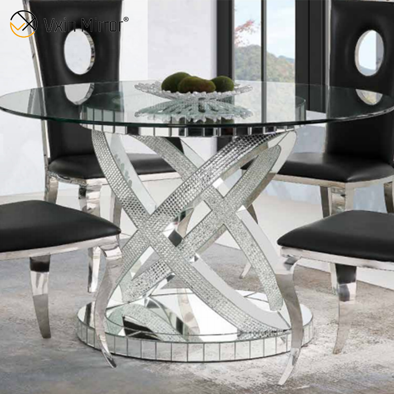 Venta al por mayor, 2021, nuevo diseño, muebles de comedor plateados redondos con diamantes triturados con sillas, mesa de comedor de vidrio templado