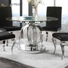 Venta al por mayor, 2021, nuevo diseño, muebles de comedor plateados redondos con diamantes triturados con sillas, mesa de comedor de vidrio templado
