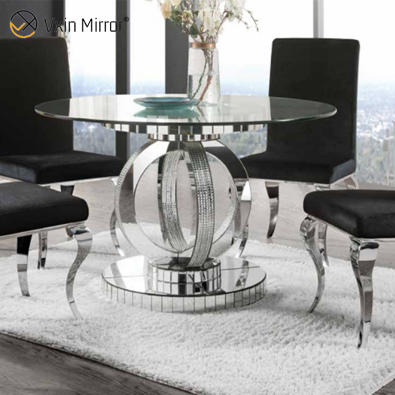 Venta al por mayor, 2021, nuevo diseño, muebles de comedor plateados redondos con diamantes triturados con sillas, mesa de comedor de vidrio templado