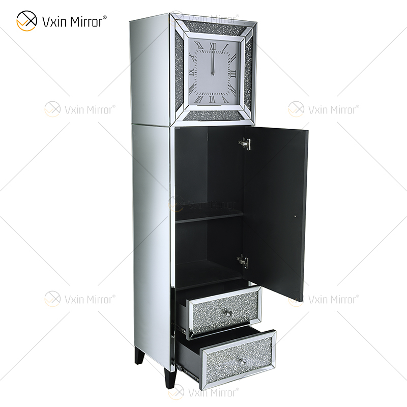 Elegante decoración para el hogar WXF-739 Gabinete de reloj de diamantes triturados con espejo plateado con 2 cajones