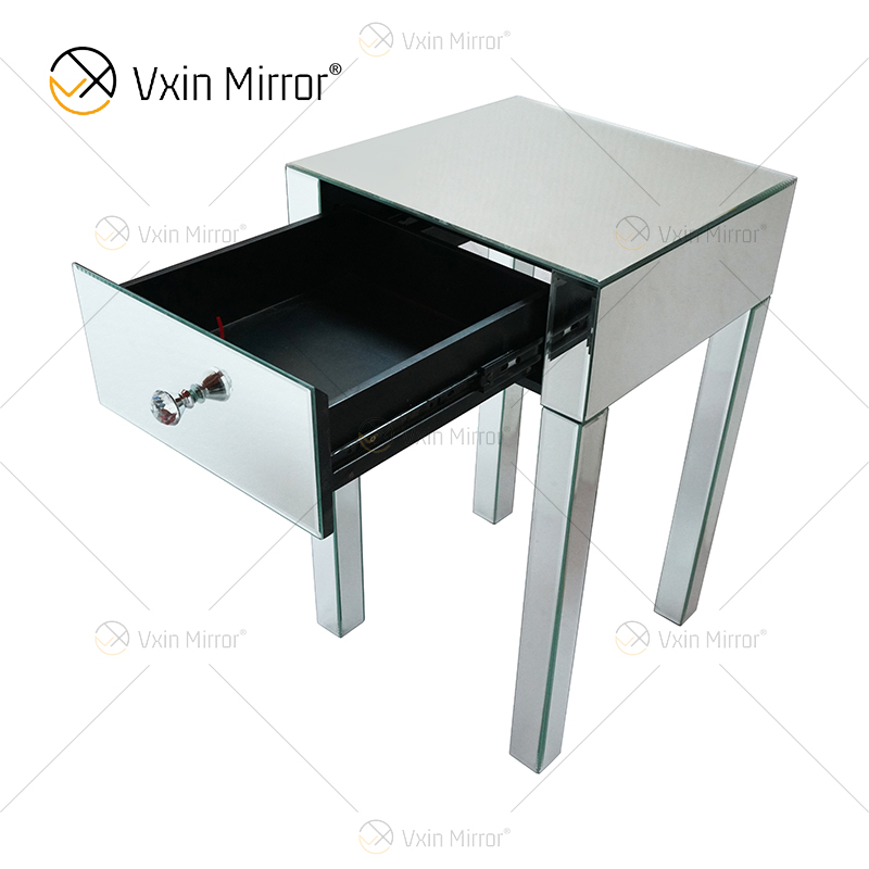Vanity Modern WXF-046 Muebles de plata Mesita de noche de cristal con 1 cajón Mesita de noche con espejo