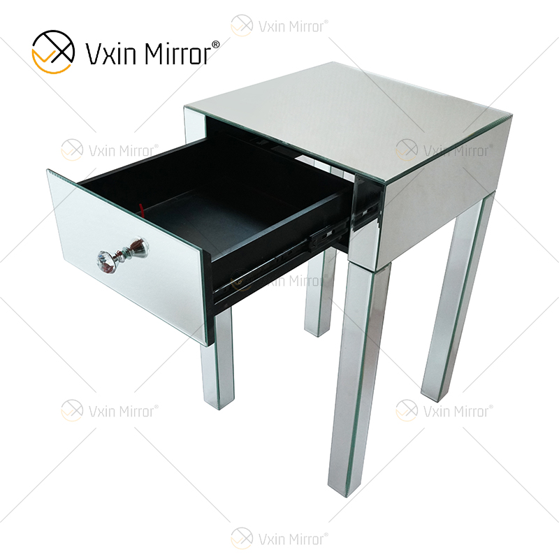 Vanity Modern WXF-046 Muebles de plata Mesita de noche de cristal con 1 cajón Mesita de noche con espejo