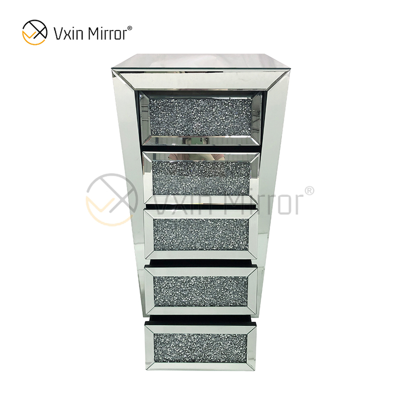 Vxin Mirror Silver Crushed WXWF-707 Diamon Nightstand Bevel Mesita de noche con 5 cajones Mesita de noche con espejo