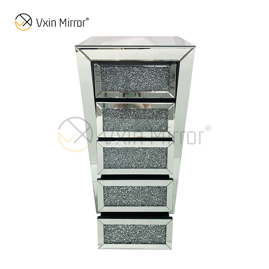 Vxin Mirror Silver Crushed WXWF-707 Diamon Nightstand Bevel Mesita de noche con 5 cajones Mesita de noche con espejo