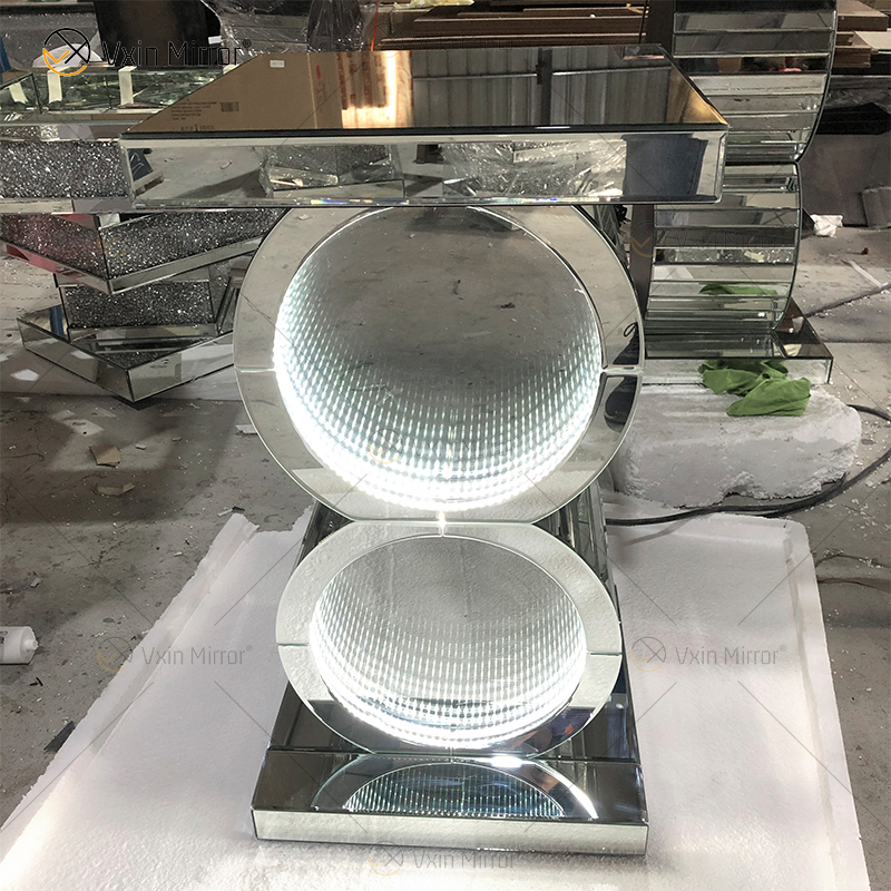 Mesa plateada LED 3d Mesa de centro Iluminada Infinito Espejo Túnel Brillo Espejo en forma de O Consola Mesa Mesa auxiliar WXF-290
