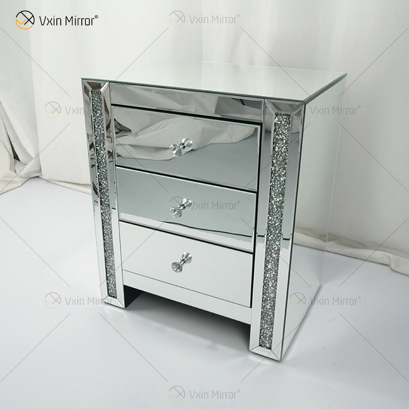 Vxin Mirror WXWF-718 Mesita de noche moderna con espejo de 3 cajones Mesita de noche