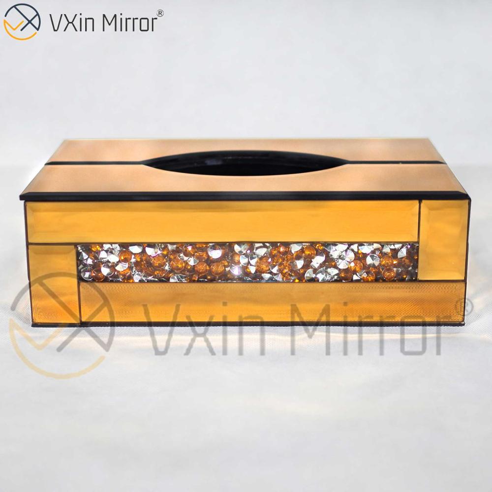 Vxin Mirror WXB-001 Caja de pañuelos con espejo de diamante triturado de vidrio de lujo marrón