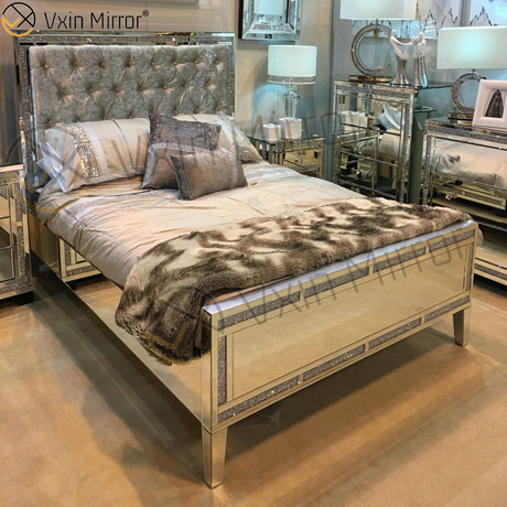 Muebles de espejo WXWF-698 baratos en el dormitorio Cama de estilo moderno con espejo plateado y negro