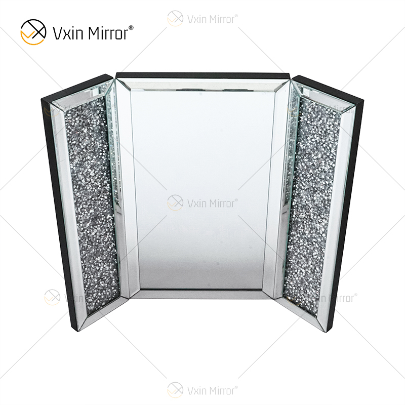 Nuevo diseño WXM-1790-1 decoración de pared columna de espejo de mesa de diamante triturado plateado